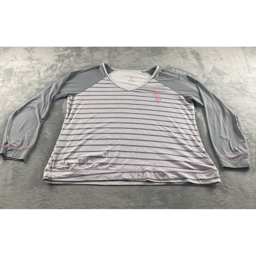 US Polo Assn Womens 1X Grey Striped Raglan Long Sleeve V-Neck Top Pink Logo